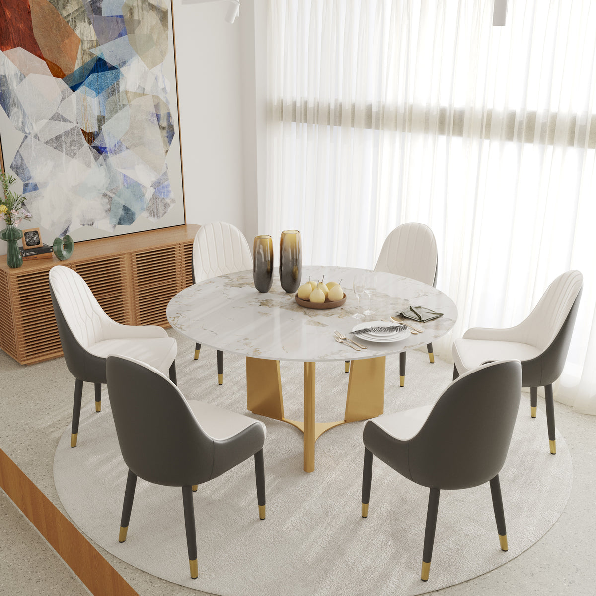 2 Sizes & 3 Colors Round Dining Table – Optional Rotating Lazy Susan, Geometric Gold Metal Pedestal Base