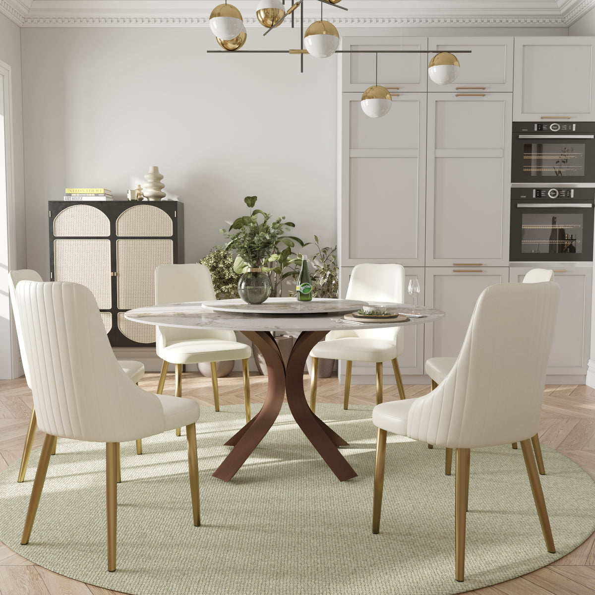 2 Sizes & 3 Colors Round Marble-Pattern Dining Table – Optional Rotating Lazy Susan, 2-Tone X-Shaped Metal Legs