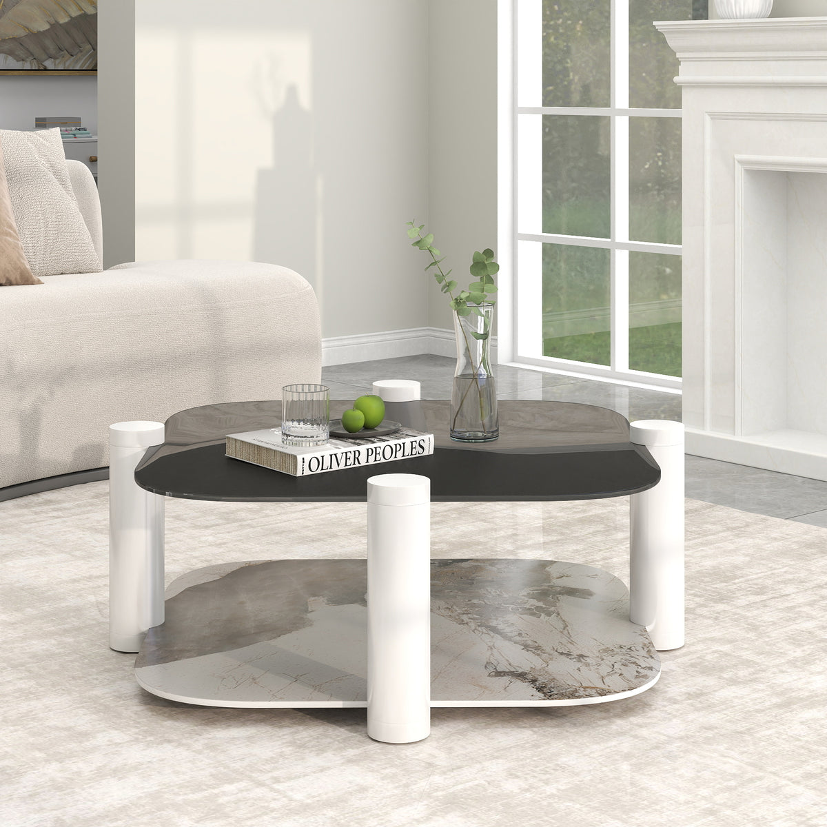 Two-Tier Coffee Table with Glass & Artificial Marble Tops, 2 Color Options (Bronze/White)