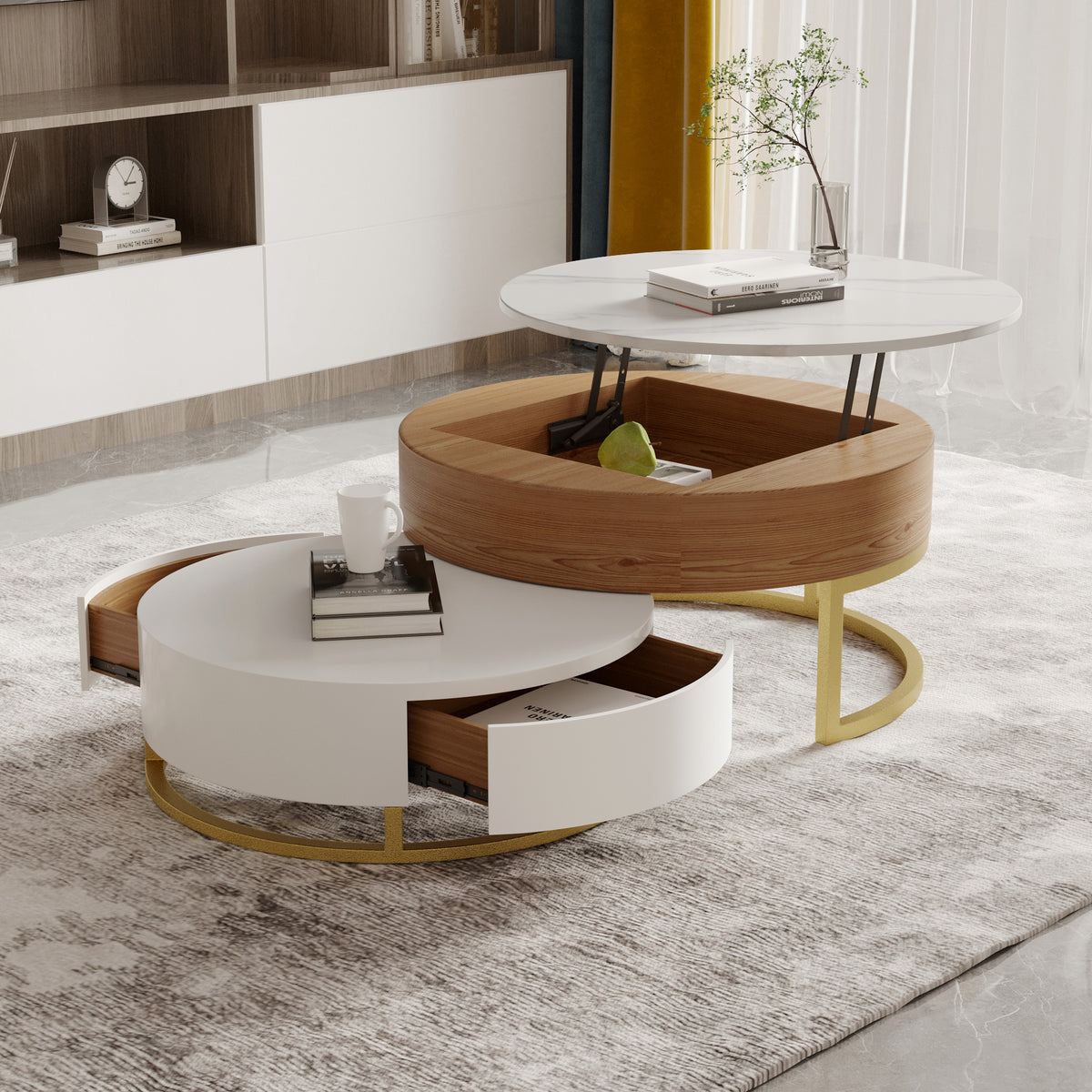 Lift-Top Nesting Coffee Table with Storage – 2 Tabletop Options (Black/White Sintered Stone)