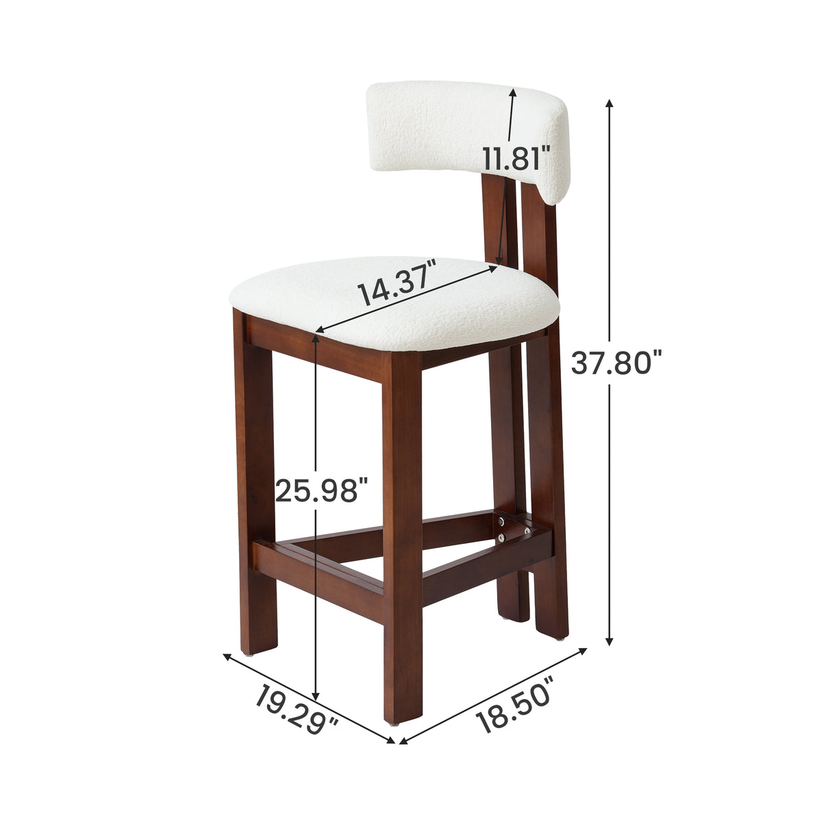 Minimalist Upholstered Counter Bar Stool Set, Walnut Solid Wood Frame, 2-Pack Per Box