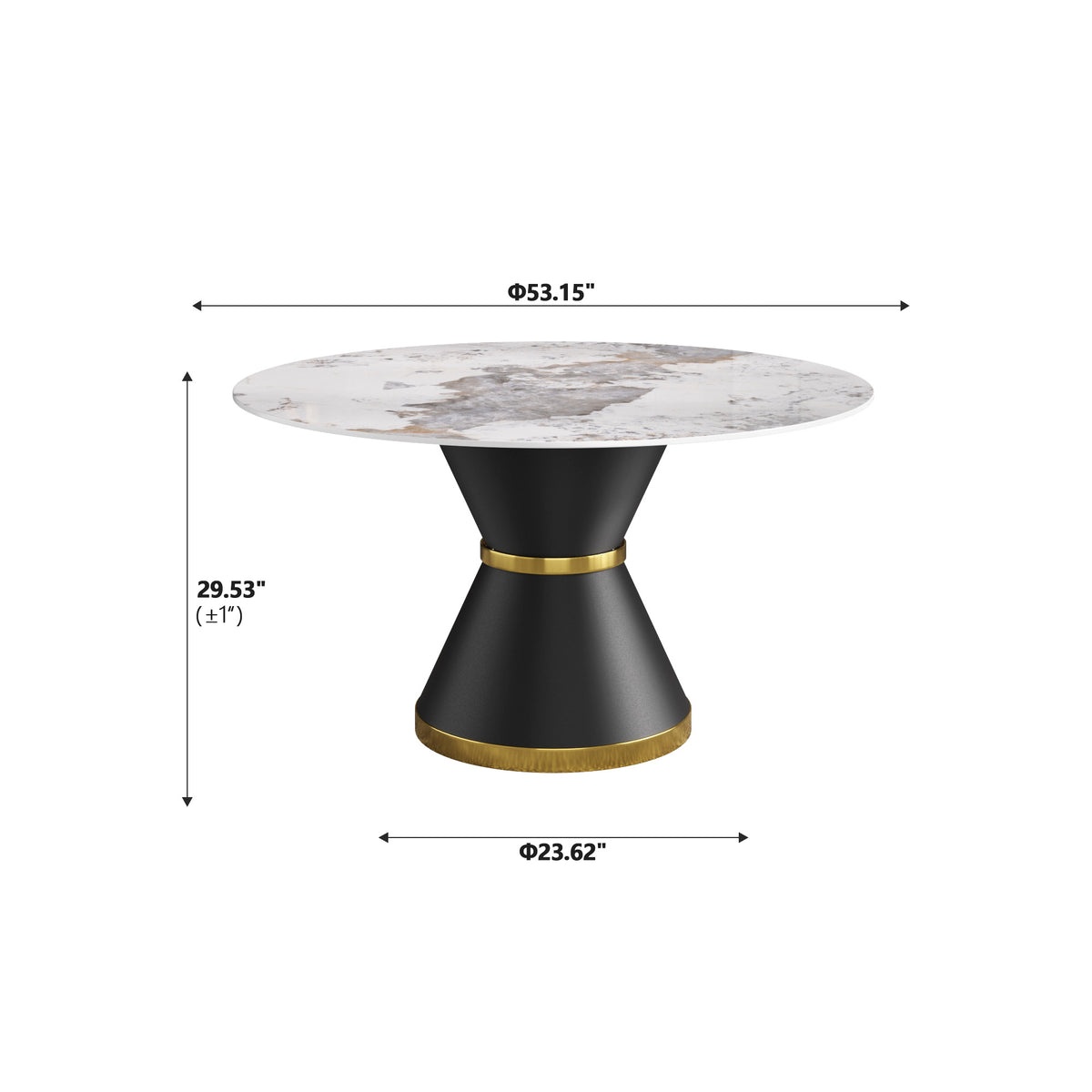 2 Sizes Round Sintered Stone Dining Table – Optional Rotating Lazy Susan, 2 Colors (Black/White) Pedestal Base with Gold Trim, Marble Pattern Tabletop