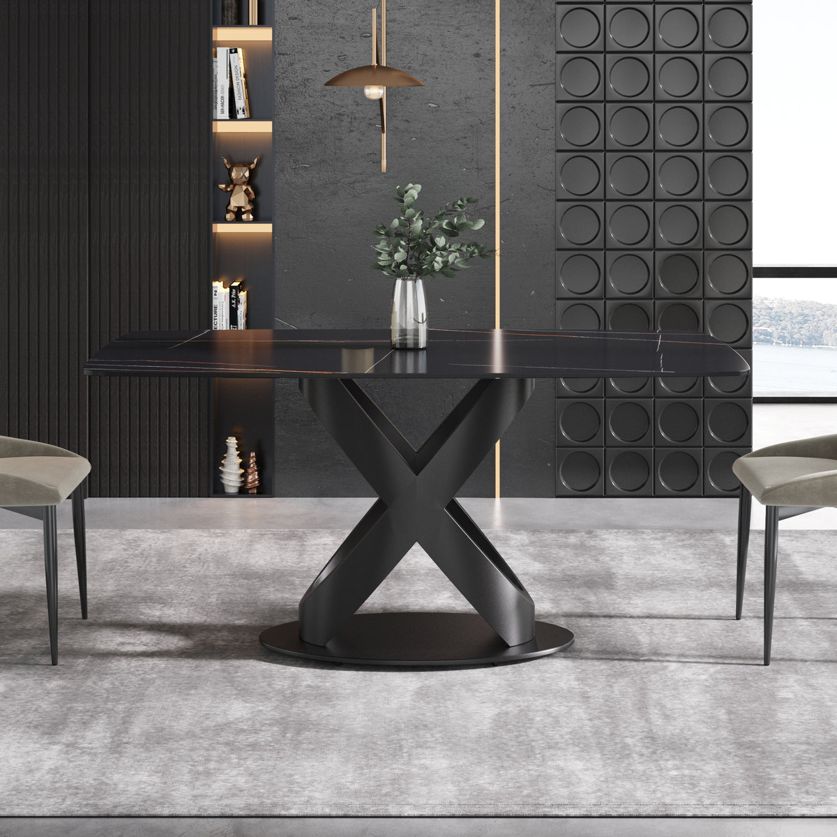 63/70.9inch Sizes & 3 Colors Rectangular Marble Dining Table – Gold/Black Carbon Steel X-Base