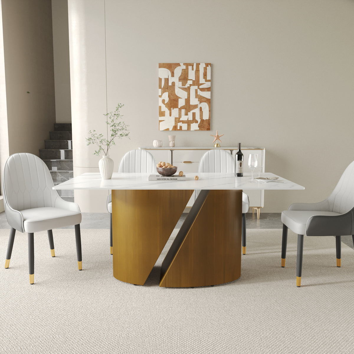 2 Sizes & 3 Colors Rectangular Dining Table – Artistic Gold Pedestal Base