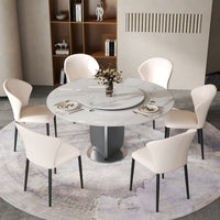 2 Sizes & 3 Colors Round Sintered Stone Dining Table – Optional Rotating Lazy Susan, Polished Gray Stainless Steel Pedestal Base, Marble Pattern Tabletop for Home Kitchen & Dining Room
