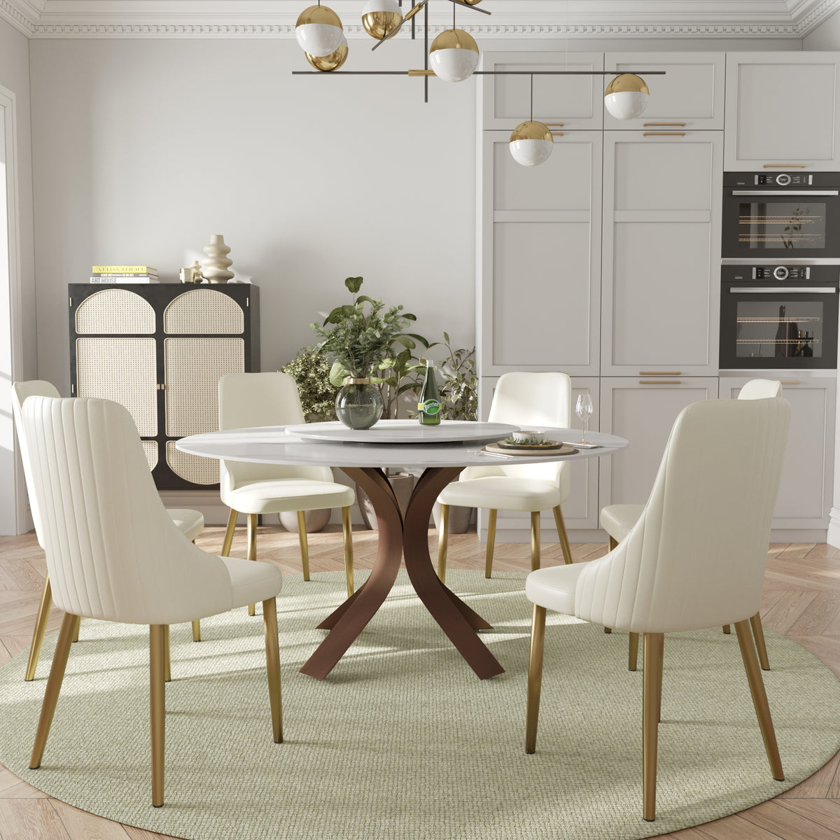 2 Sizes & 3 Colors Round Marble-Pattern Dining Table – Optional Rotating Lazy Susan, 2-Tone X-Shaped Metal Legs