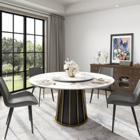 2 Sizes & 3 Colors Round Marble-Pattern Dining Table – Optional Rotating Lazy Susan, Black & Gold Metal Pedestal Base