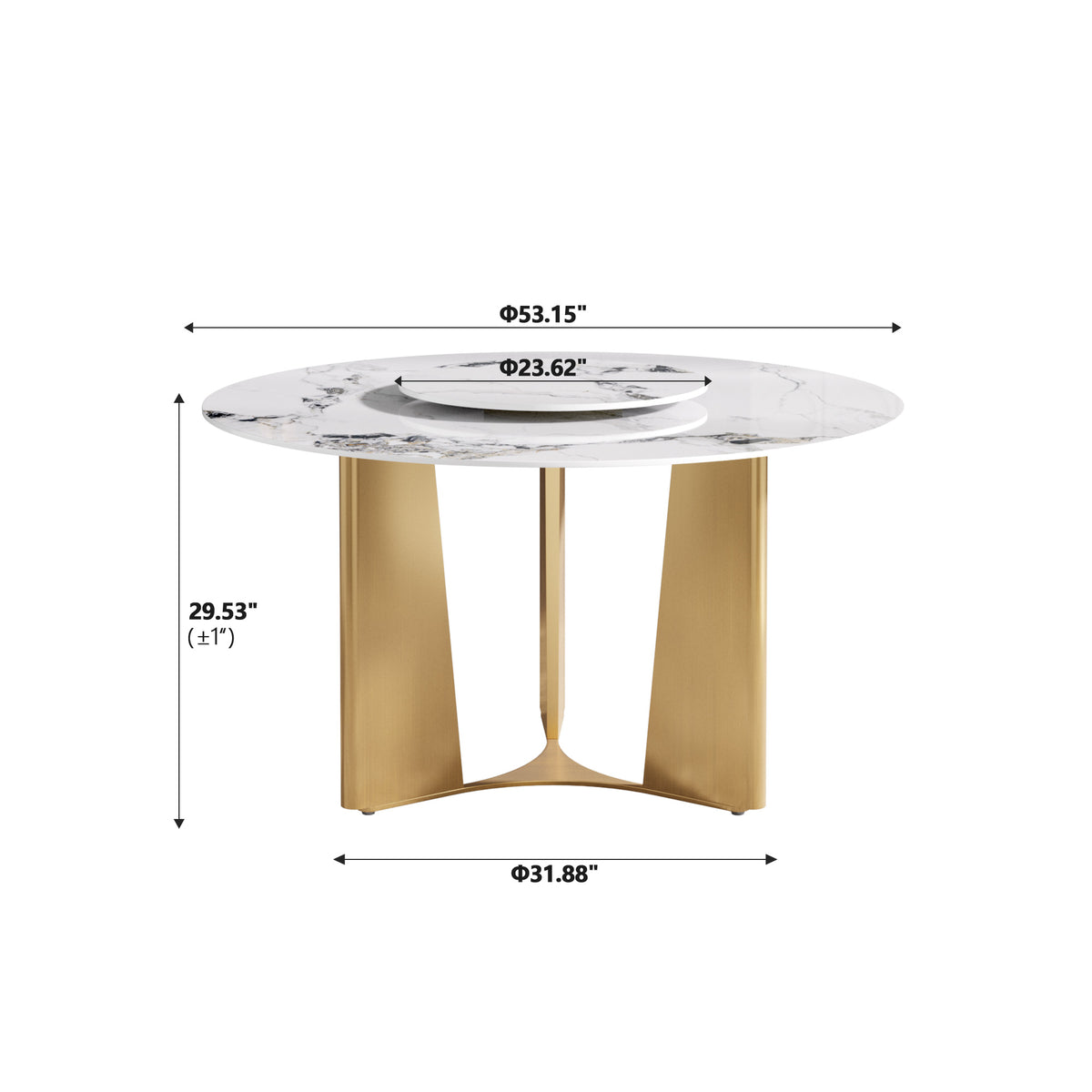 2 Sizes & 3 Colors Round Dining Table – Optional Rotating Lazy Susan, Geometric Gold Metal Pedestal Base