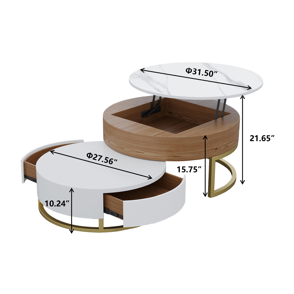 Lift-Top Nesting Coffee Table with Storage – 2 Tabletop Options (Black/White Sintered Stone)