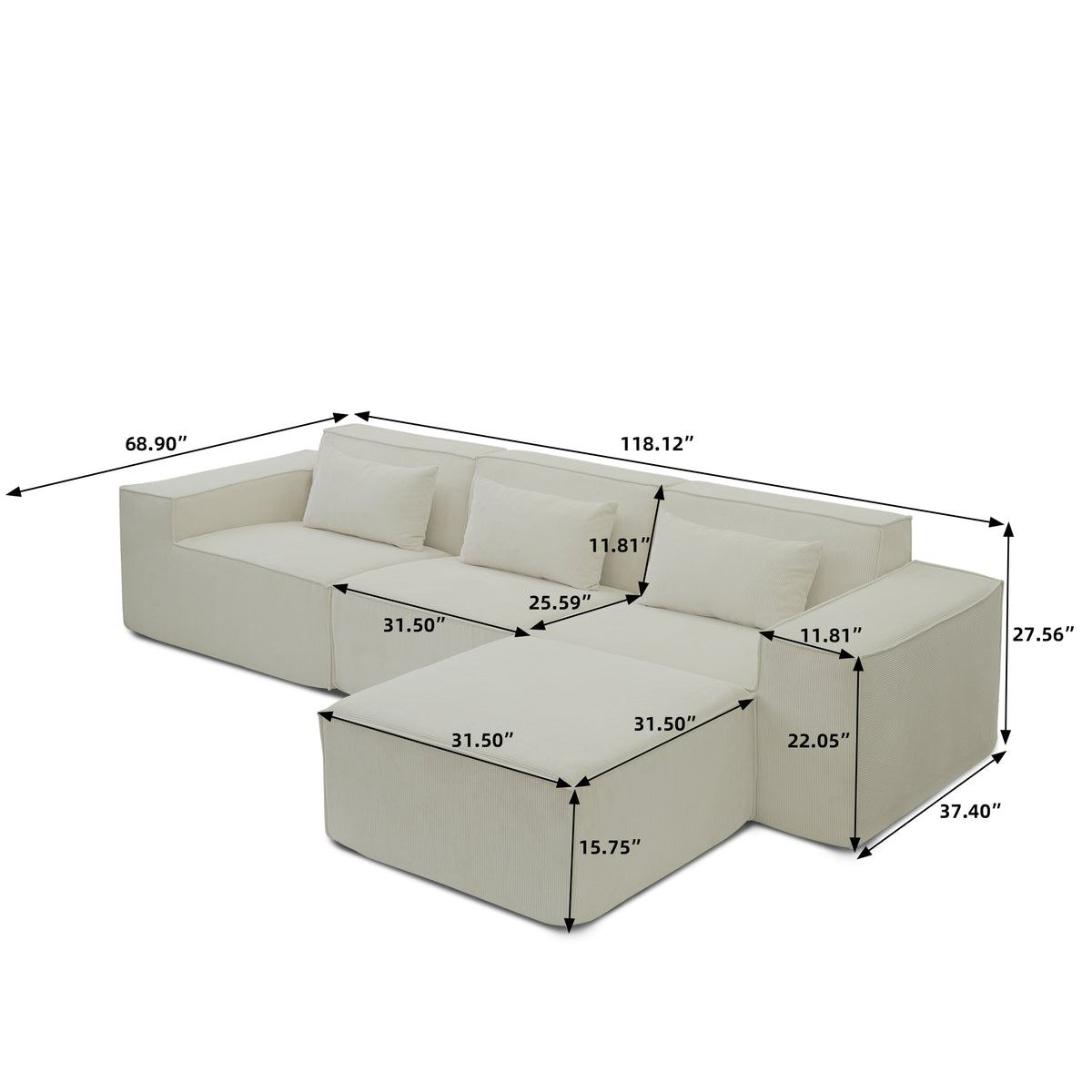 Compressible Modular Sectional Sofa – Cloud Velvet Fabric + Flexible Assembly, Minimalist Relaxed Vibe Living Room Sofa
