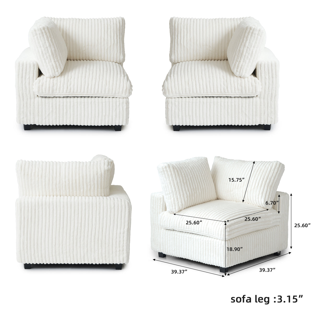 L-Shaped Corduroy Modular Sofa with Ottoman – Cream White Ribbed Fabric, Sectional Sofa for Living Room