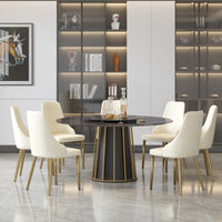 2 Sizes & 3 Colors Round Marble-Pattern Dining Table – Optional Rotating Lazy Susan, Black & Gold Metal Pedestal Base