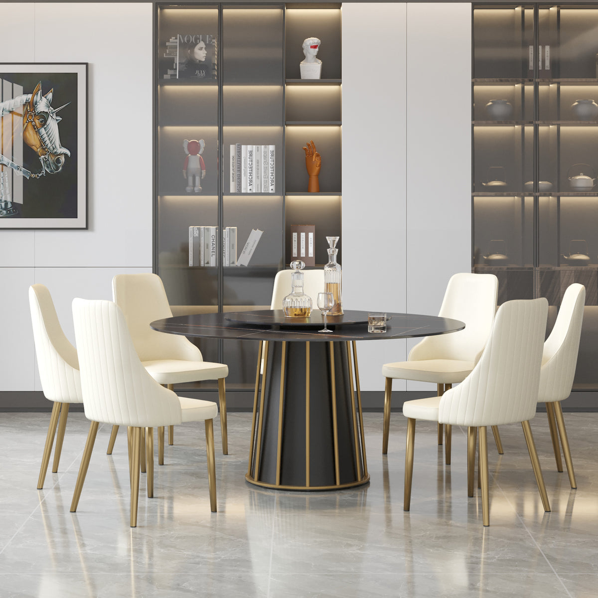 2 Sizes & 3 Colors Round Marble-Pattern Dining Table – Optional Rotating Lazy Susan, Black & Gold Metal Pedestal Base