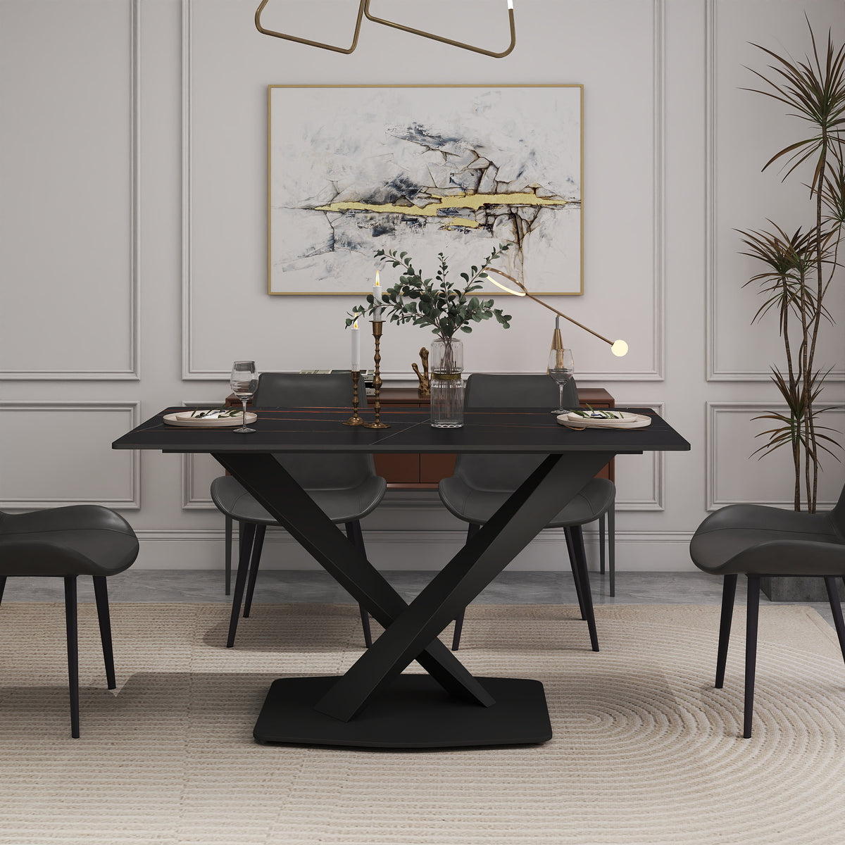 3 Sizes & 3 Colors Rectangular Dining Table – 2-Tone X-Shaped Metal Pedestal Base