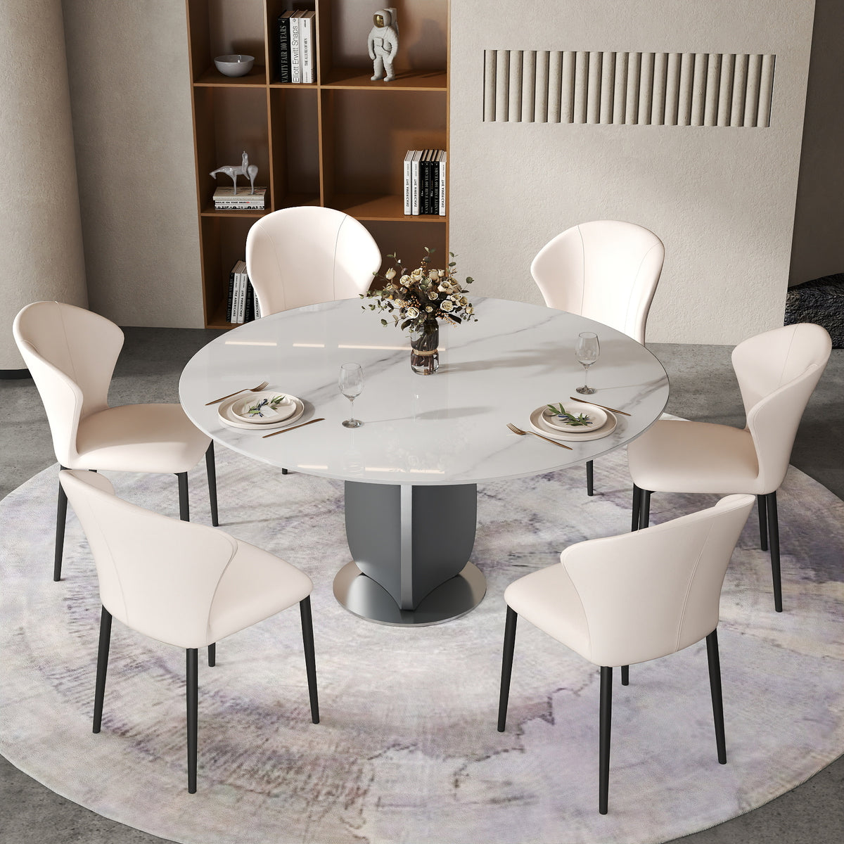 2 Sizes & 3 Colors Round Sintered Stone Dining Table – Optional Rotating Lazy Susan, Polished Gray Stainless Steel Pedestal Base, Marble Pattern Tabletop for Home Kitchen & Dining Room