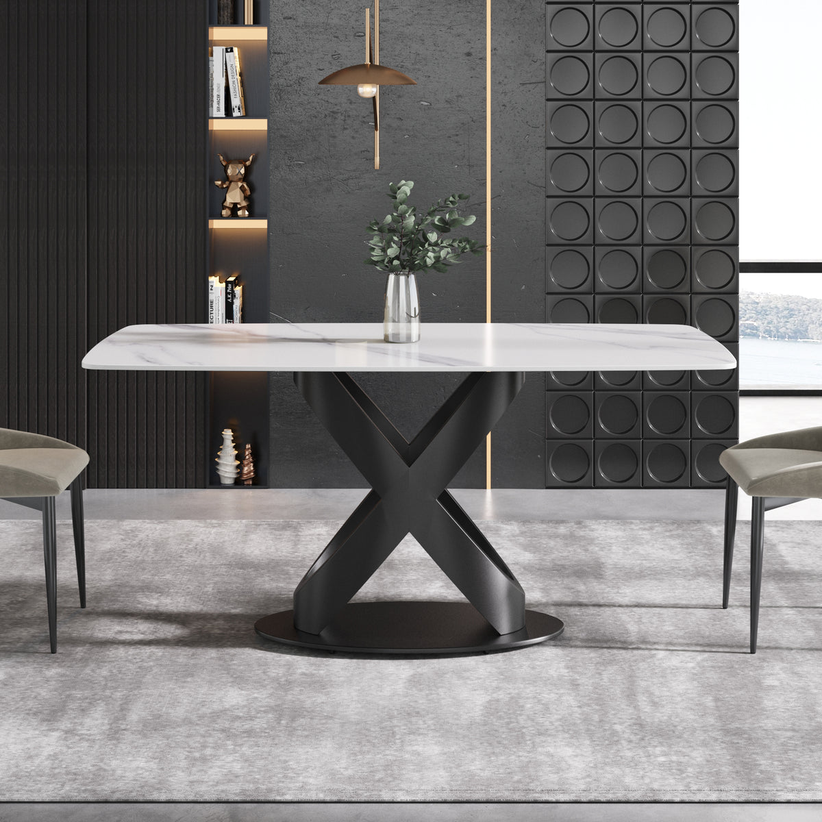 63/70.9inch Sizes & 3 Colors Rectangular Marble Dining Table – Gold/Black Carbon Steel X-Base