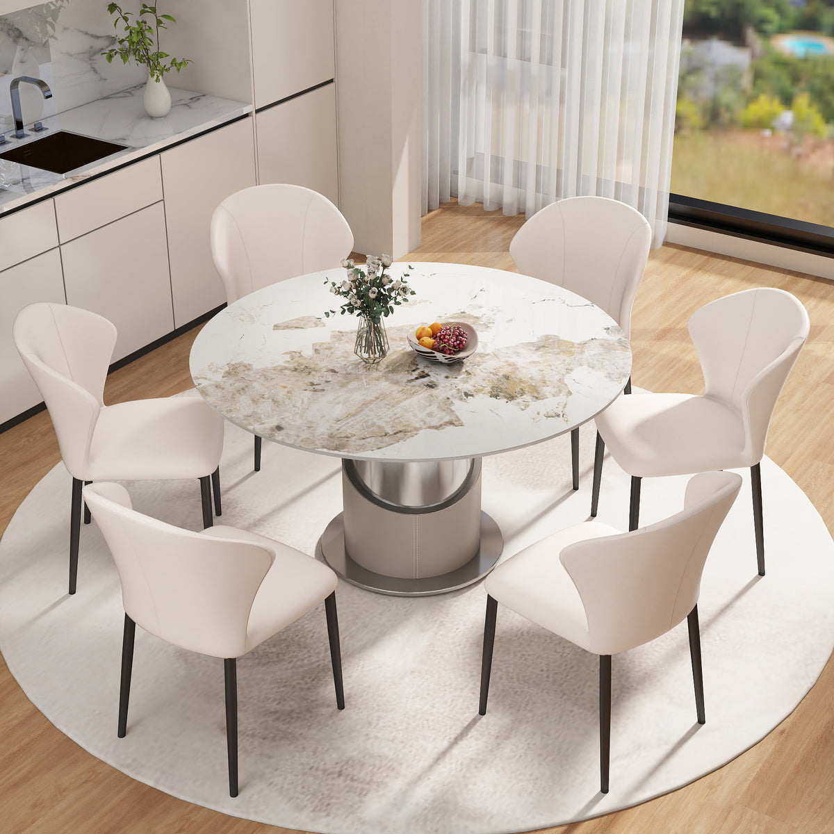 2 Sizes & 3 Colors Sintered Stone Dining Table Optional Rotating Tray Light Luxury Round Table Set for Home
