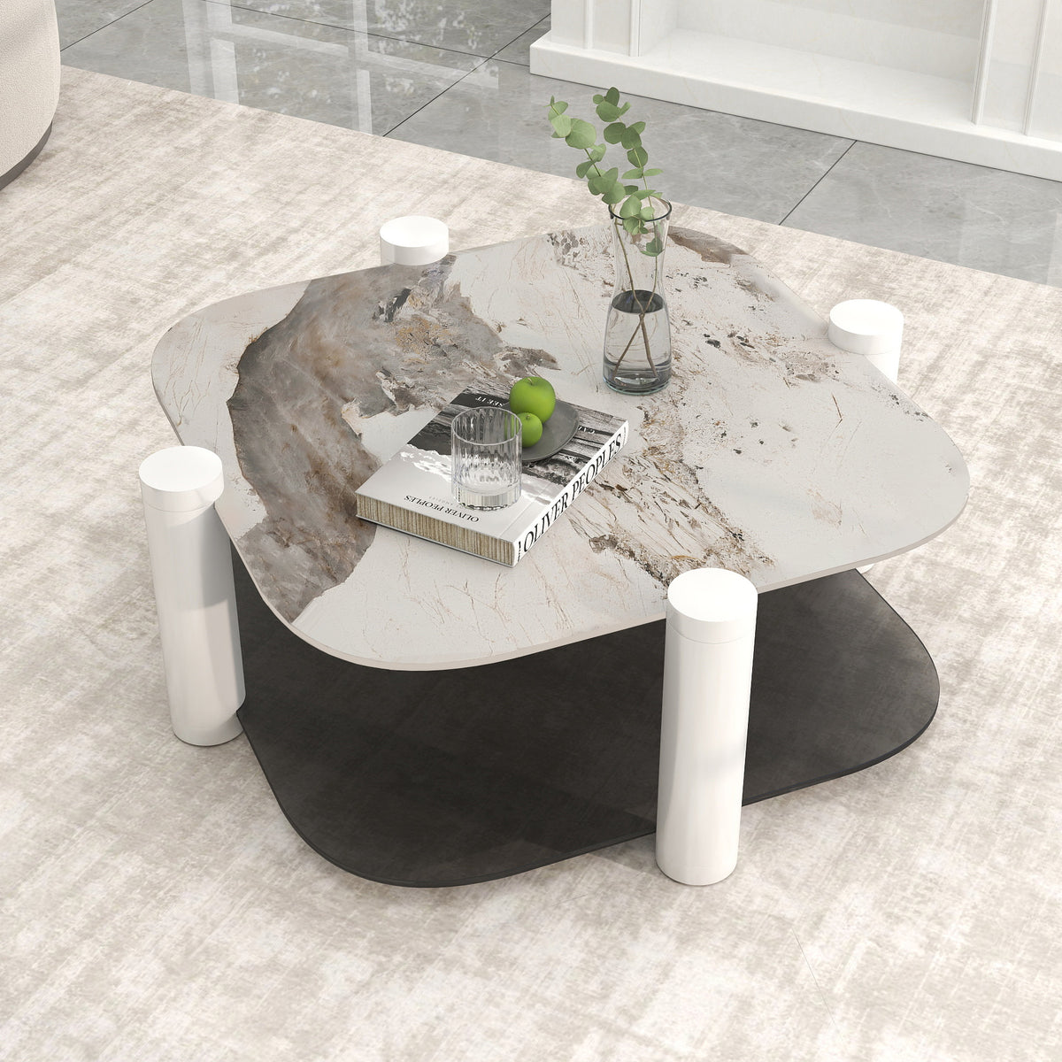 Two-Tier Coffee Table with Glass & Artificial Marble Tops, 2 Color Options (Bronze/White)