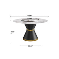 2 Sizes Round Sintered Stone Dining Table – Optional Rotating Lazy Susan, 2 Colors (Black/White) Pedestal Base with Gold Trim, Marble Pattern Tabletop