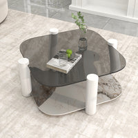 Two-Tier Coffee Table with Glass & Artificial Marble Tops, 2 Color Options (Bronze/White)