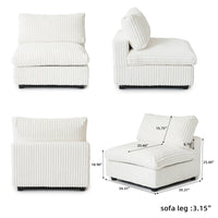 L-Shaped Corduroy Modular Sofa with Ottoman – Cream White Ribbed Fabric, Sectional Sofa for Living Room
