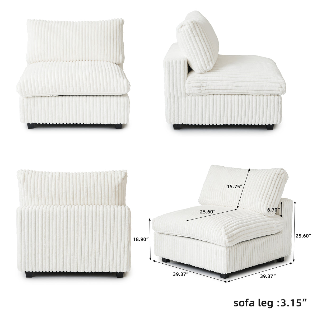 L-Shaped Corduroy Modular Sofa with Ottoman – Cream White Ribbed Fabric, Sectional Sofa for Living Room