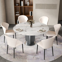 2 Sizes & 3 Colors Round Sintered Stone Dining Table – Optional Rotating Lazy Susan, Polished Gray Stainless Steel Pedestal Base, Marble Pattern Tabletop for Home Kitchen & Dining Room