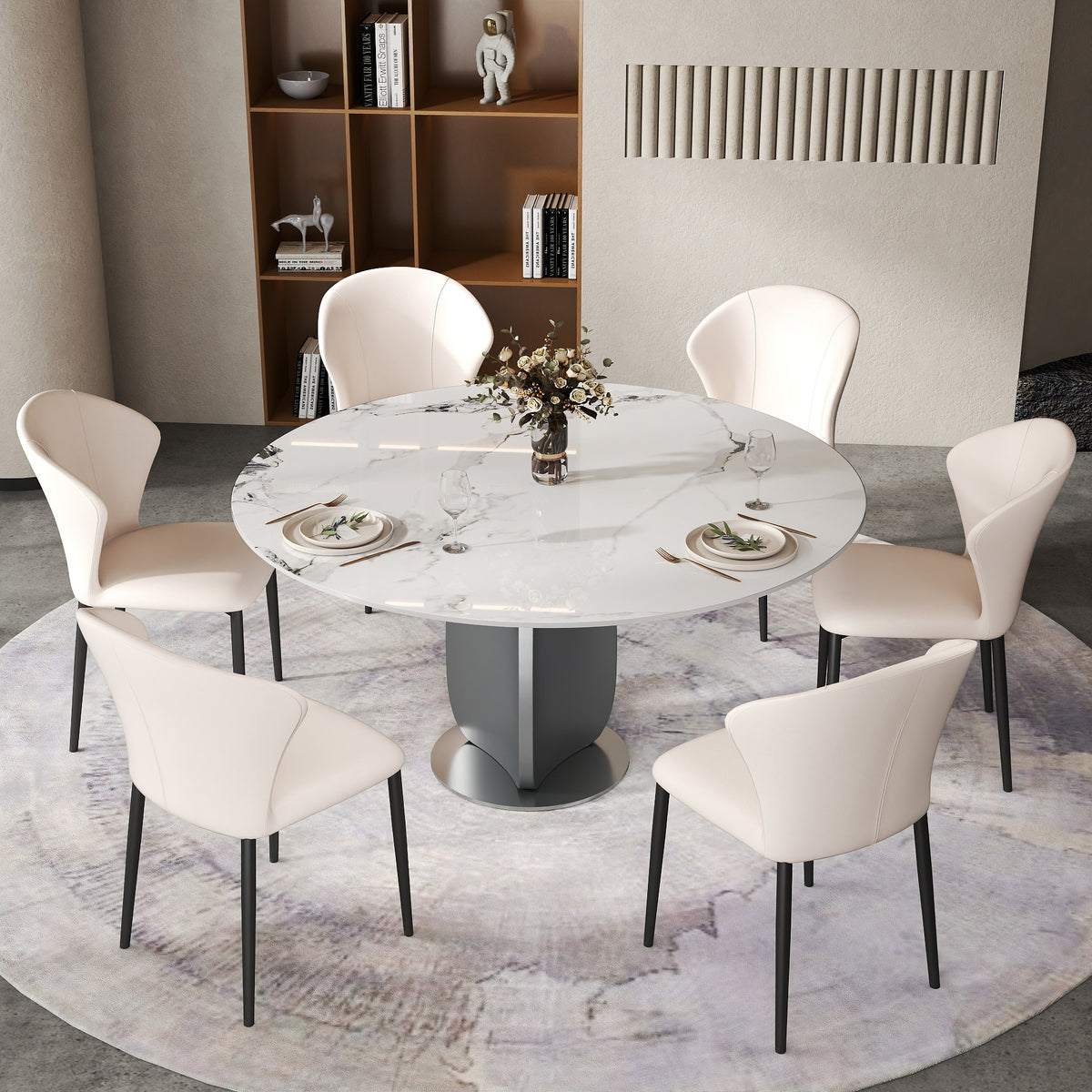 2 Sizes & 3 Colors Round Sintered Stone Dining Table – Optional Rotating Lazy Susan, Polished Gray Stainless Steel Pedestal Base, Marble Pattern Tabletop for Home Kitchen & Dining Room