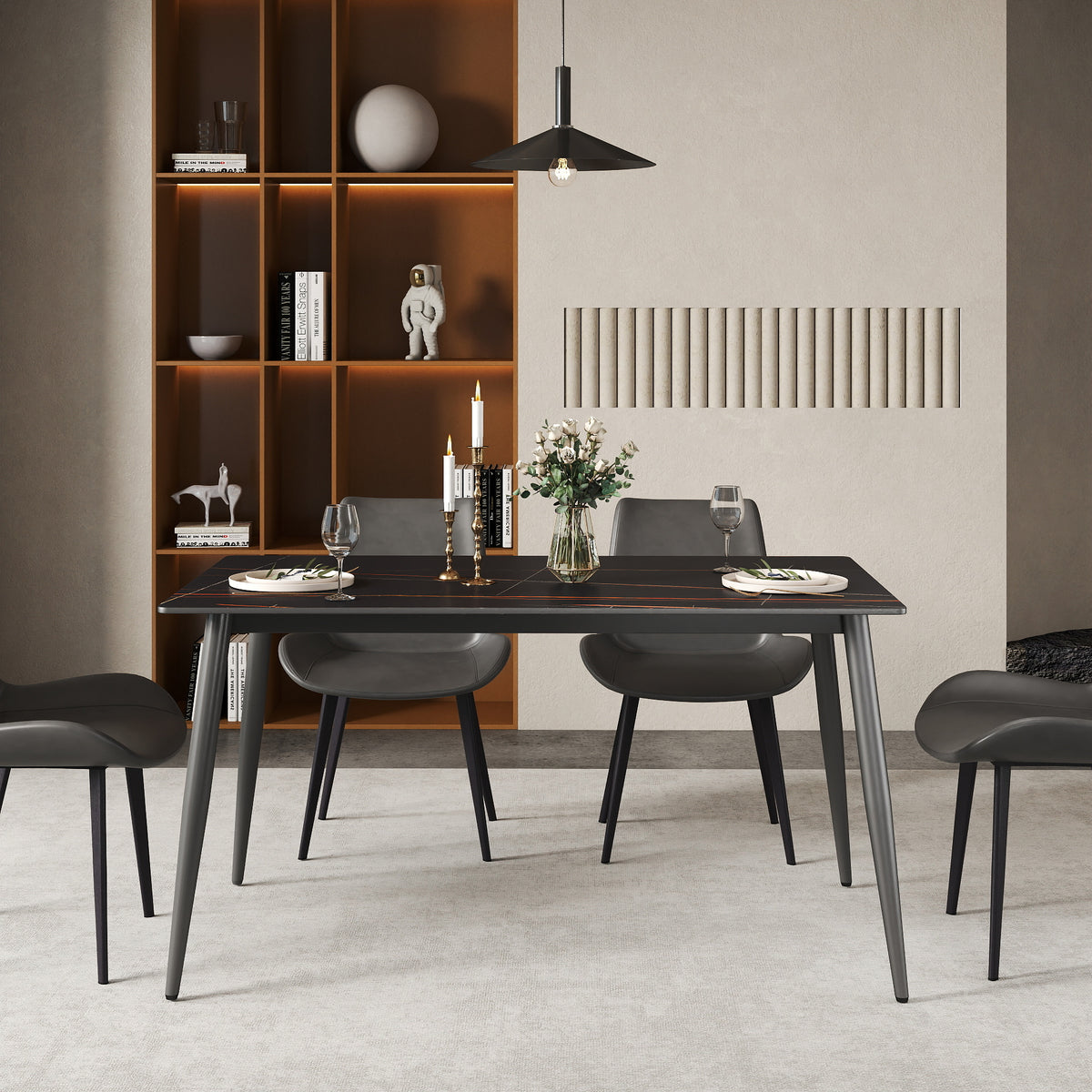 3 Sizes & 3 Colors Rectangular Dining Table – 2-Tone Tapered Metal Legs