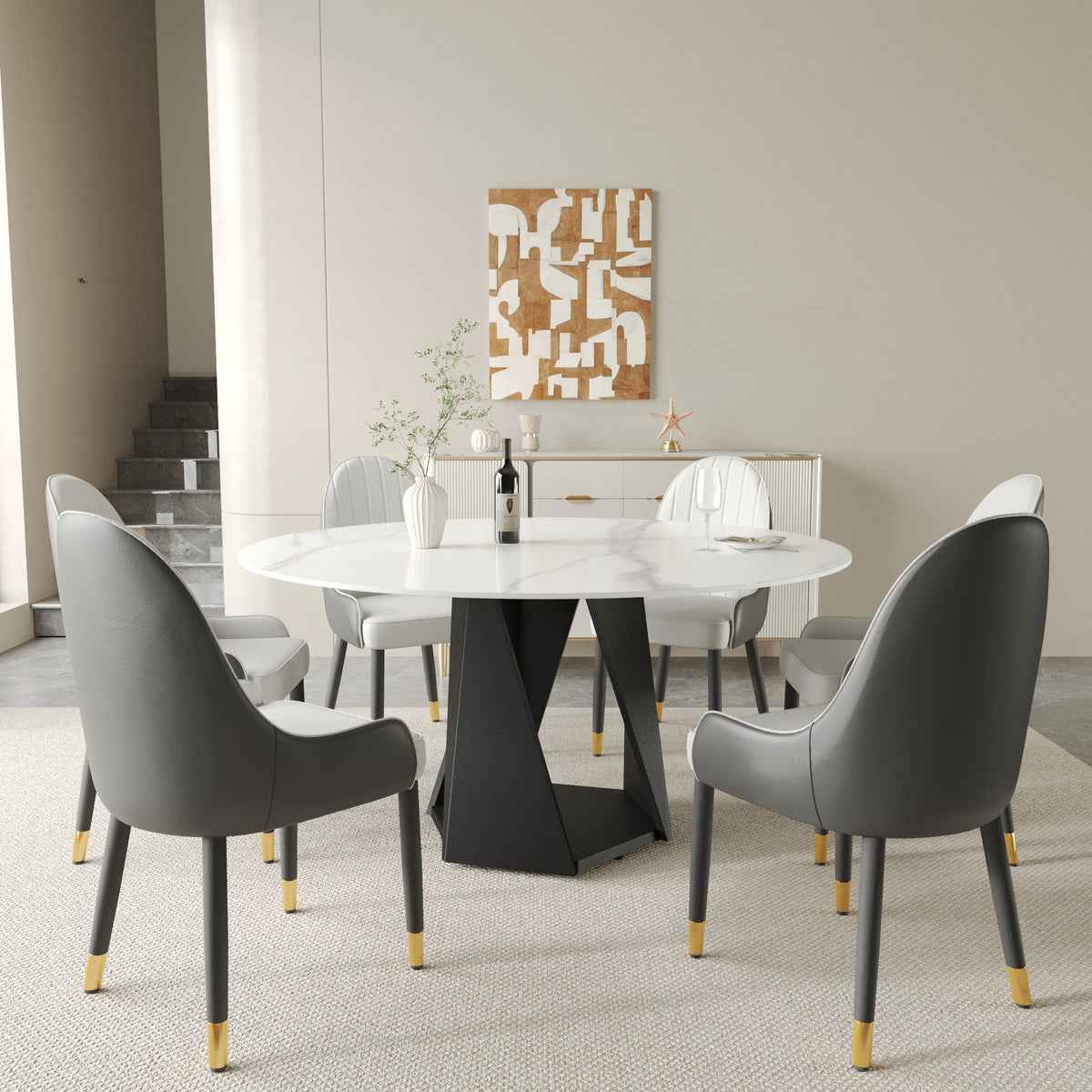 3 Color Round Tabletop Dining Table (53/59inch) – Optional Rotating Lazy Susan, 2-Tone Legs (Black/Antique Brass) for Modern Home