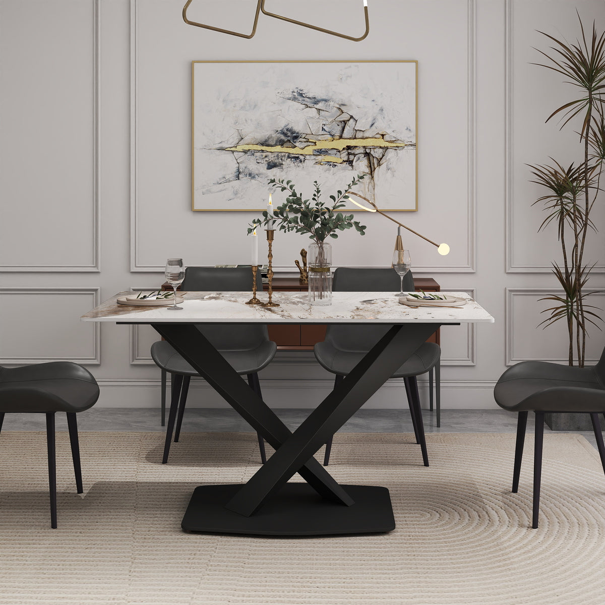 3 Sizes & 3 Colors Rectangular Dining Table – 2-Tone X-Shaped Metal Pedestal Base