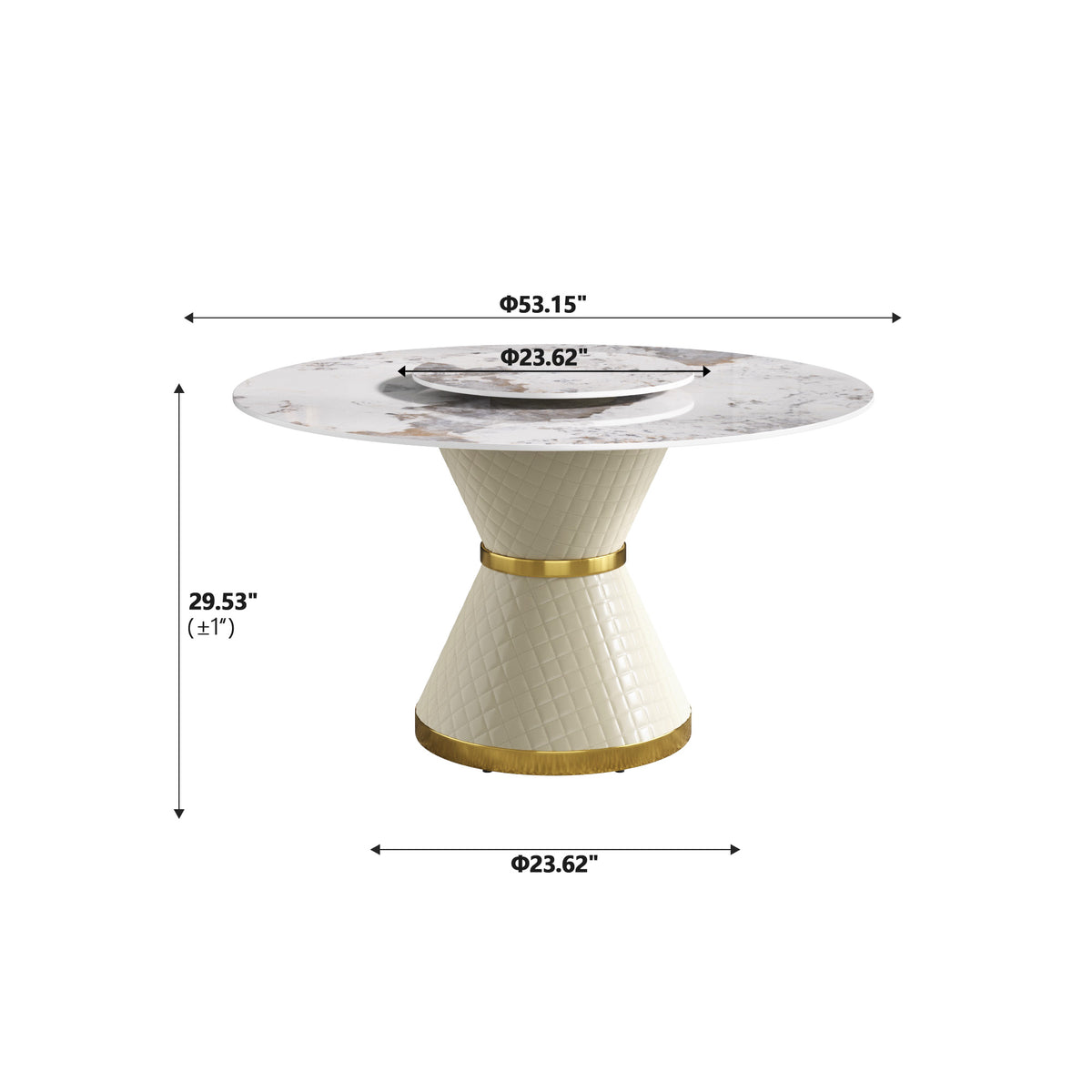 2 Sizes Round Sintered Stone Dining Table – Optional Rotating Lazy Susan, 2 Colors (Black/White) Pedestal Base with Gold Trim, Marble Pattern Tabletop