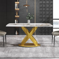 63/70.9inch Sizes & 3 Colors Rectangular Marble Dining Table – Gold/Black Carbon Steel X-Base