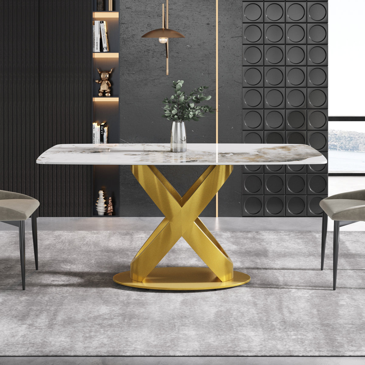 63/70.9inch Sizes & 3 Colors Rectangular Marble Dining Table – Gold/Black Carbon Steel X-Base