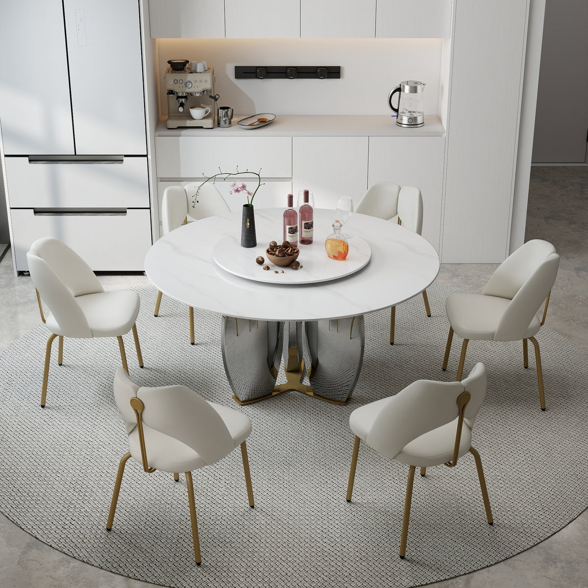 Mirrored Base Round Dining Table – 2 Color/Size Marble Tabletop Options, Optional Lazy Susan
