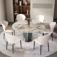 2 Sizes & 3 Colors Round Sintered Stone Dining Table – Optional Rotating Lazy Susan, Polished Gray Stainless Steel Pedestal Base, Marble Pattern Tabletop for Home Kitchen & Dining Room