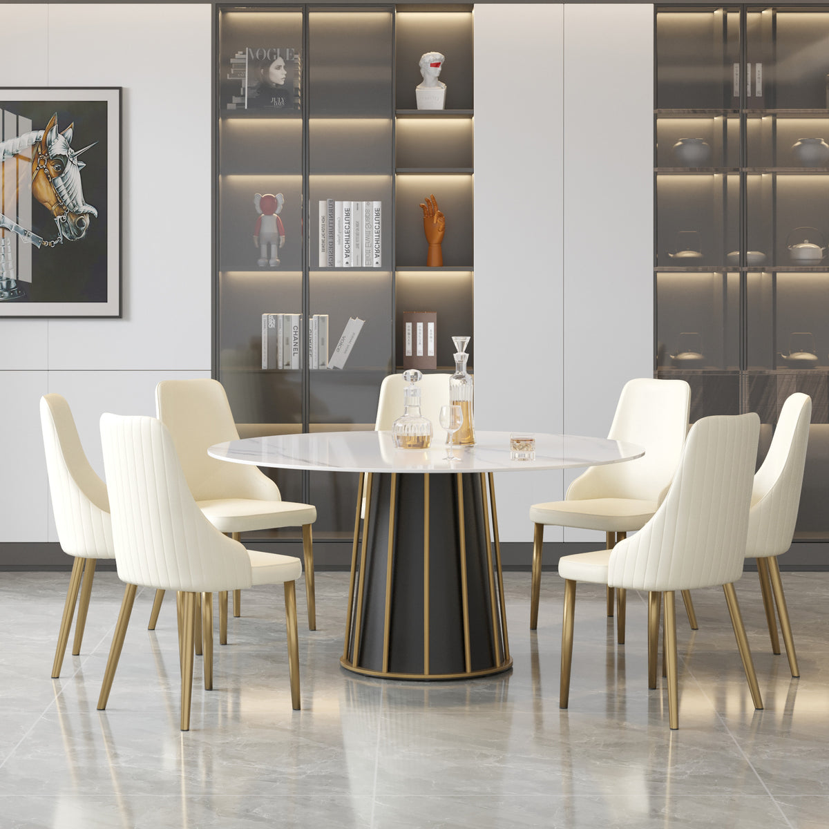 2 Sizes & 3 Colors Round Marble-Pattern Dining Table – Optional Rotating Lazy Susan, Black & Gold Metal Pedestal Base