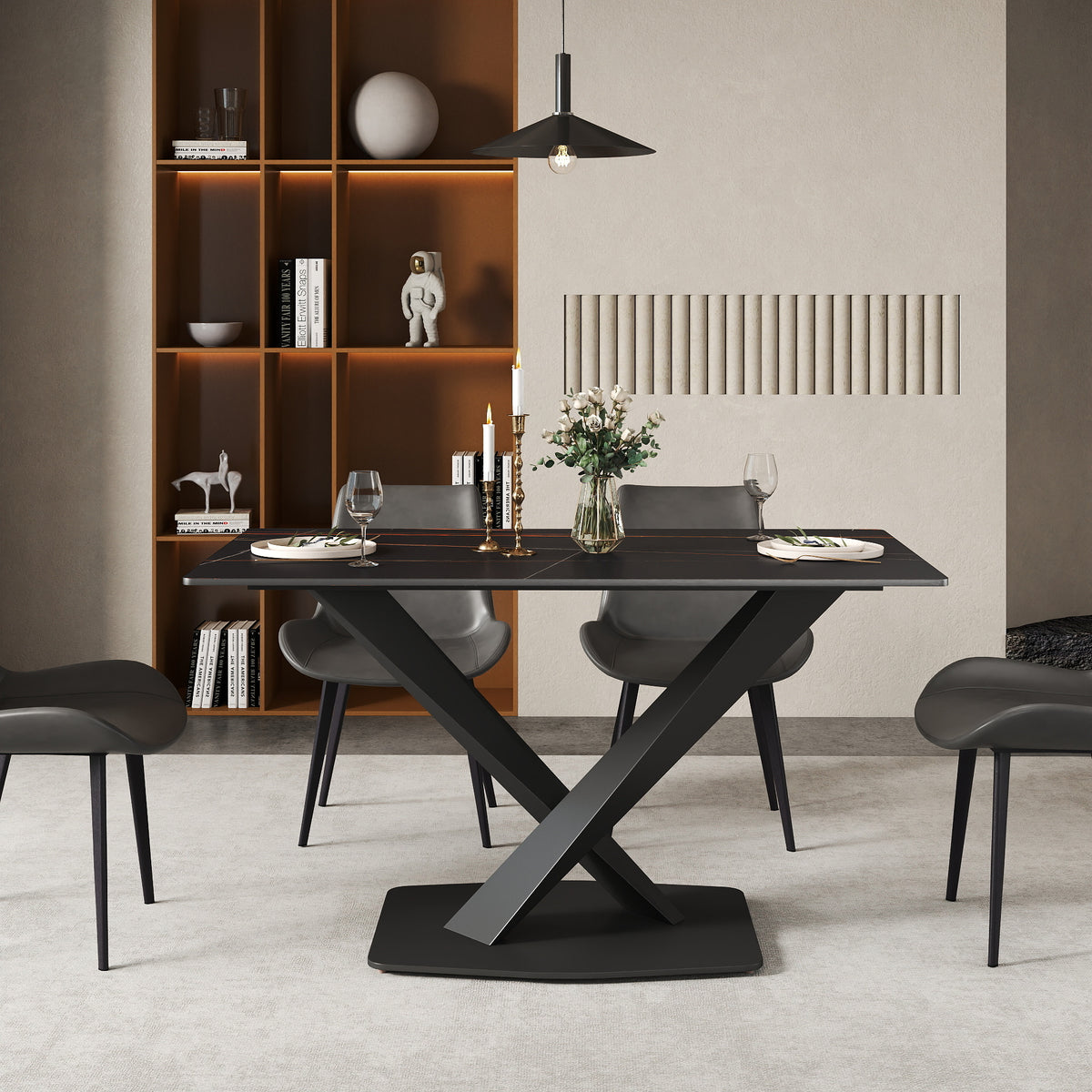 3 Sizes & 3 Colors Rectangular Dining Table – 2-Tone X-Shaped Metal Pedestal Base