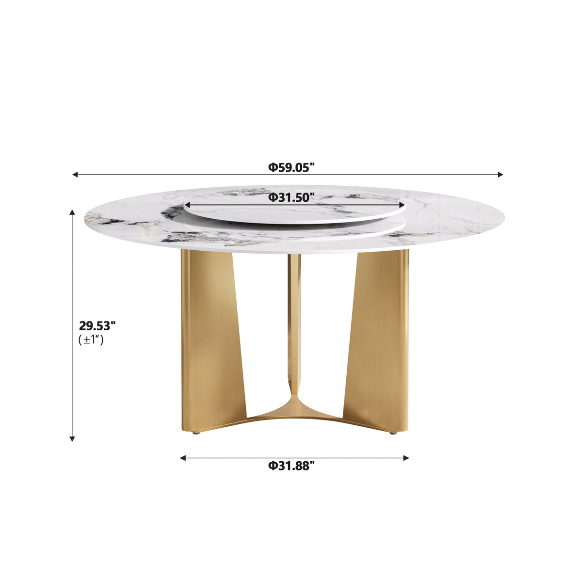 2 Sizes & 3 Colors Round Dining Table – Optional Rotating Lazy Susan, Geometric Gold Metal Pedestal Base