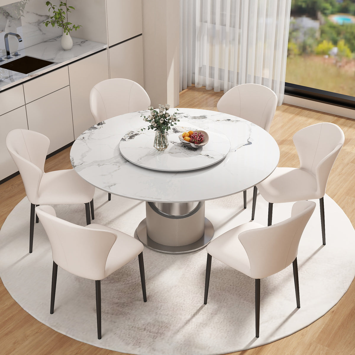 2 Sizes & 3 Colors Sintered Stone Dining Table Optional Rotating Tray Light Luxury Round Table Set for Home