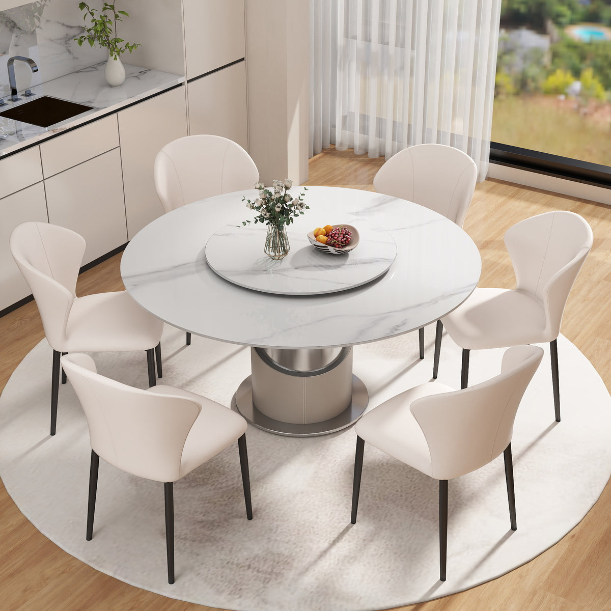 2 Sizes & 3 Colors Sintered Stone Dining Table Optional Rotating Tray Light Luxury Round Table Set for Home