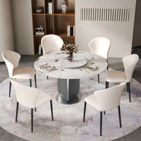 2 Sizes & 3 Colors Round Sintered Stone Dining Table – Optional Rotating Lazy Susan, Polished Gray Stainless Steel Pedestal Base, Marble Pattern Tabletop for Home Kitchen & Dining Room