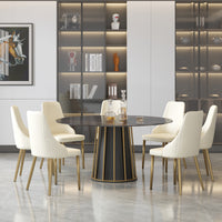 2 Sizes & 3 Colors Round Marble-Pattern Dining Table – Optional Rotating Lazy Susan, Black & Gold Metal Pedestal Base