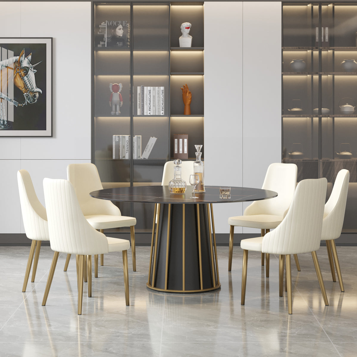 2 Sizes & 3 Colors Round Marble-Pattern Dining Table – Optional Rotating Lazy Susan, Black & Gold Metal Pedestal Base
