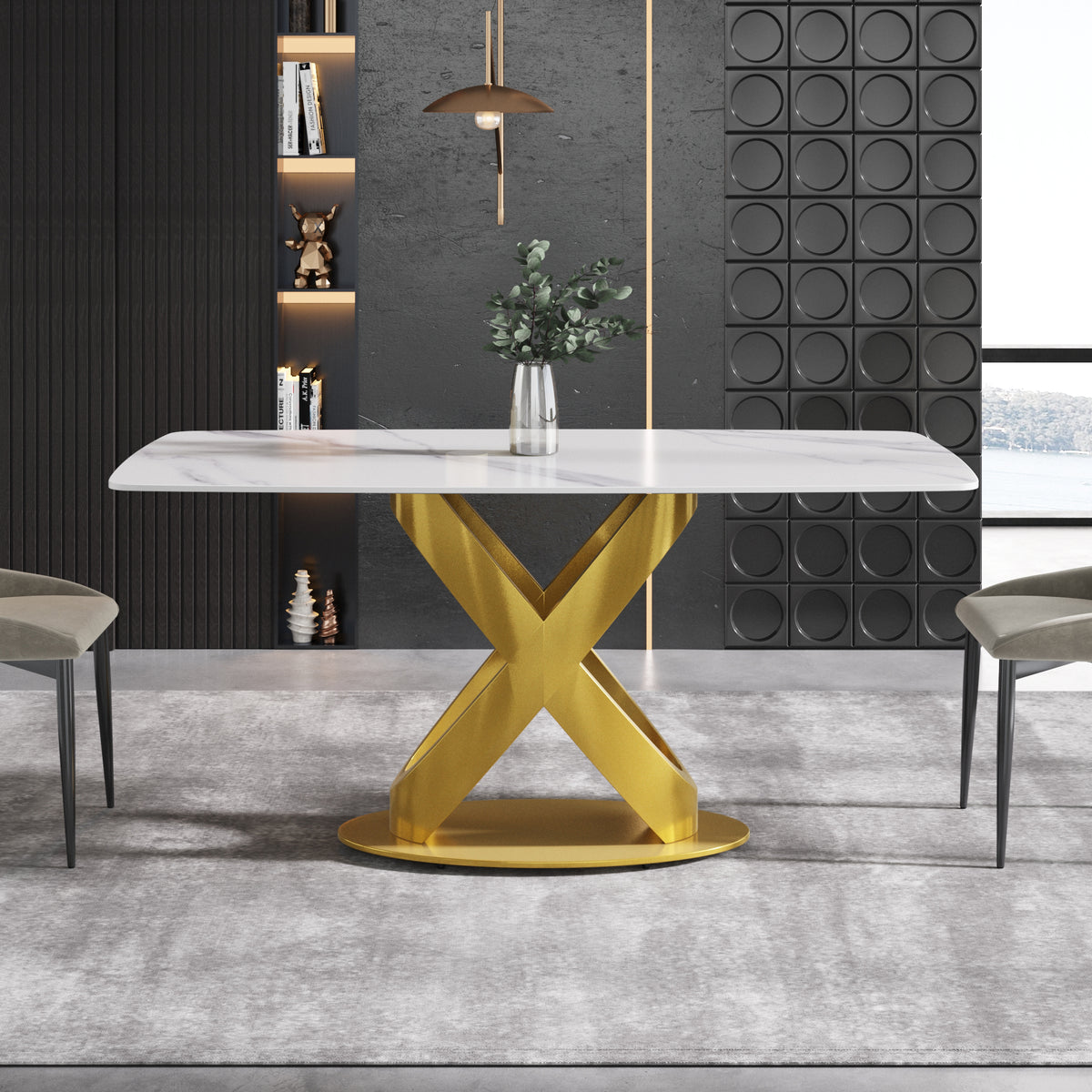 63/70.9inch Sizes & 3 Colors Rectangular Marble Dining Table – Gold/Black Carbon Steel X-Base
