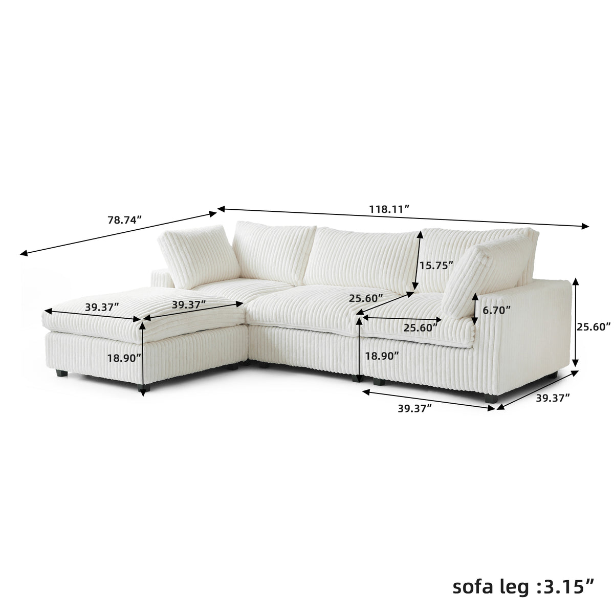 L-Shaped Corduroy Modular Sofa with Ottoman – Cream White Ribbed Fabric, Sectional Sofa for Living Room