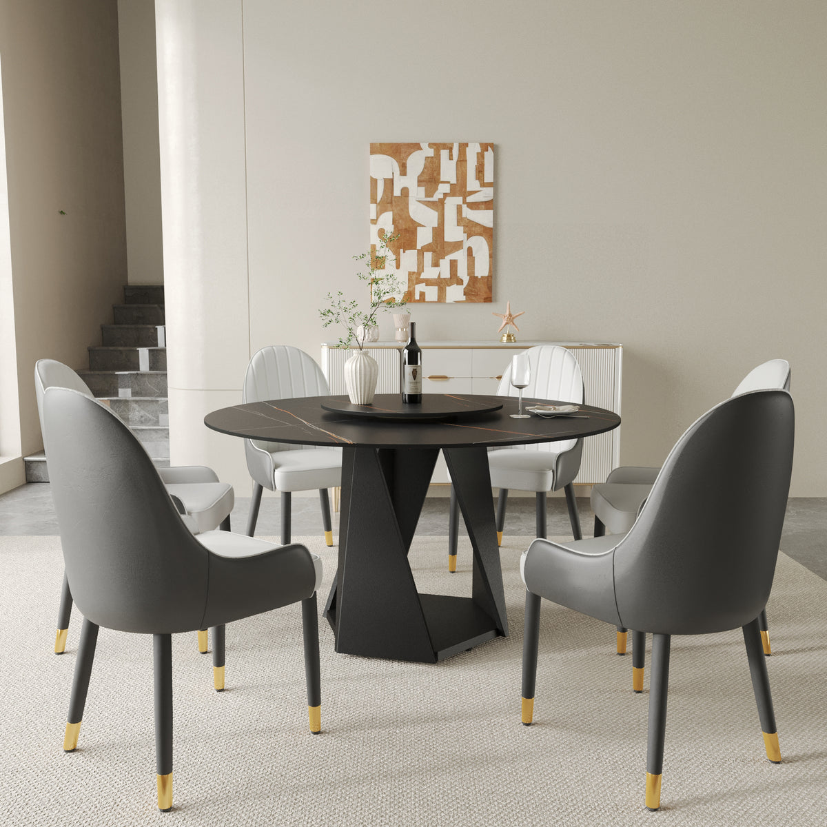 3 Color Round Tabletop Dining Table (53/59inch) – Optional Rotating Lazy Susan, 2-Tone Legs (Black/Antique Brass) for Modern Home