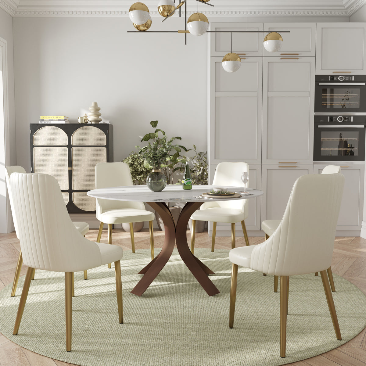 2 Sizes & 3 Colors Round Marble-Pattern Dining Table – Optional Rotating Lazy Susan, 2-Tone X-Shaped Metal Legs