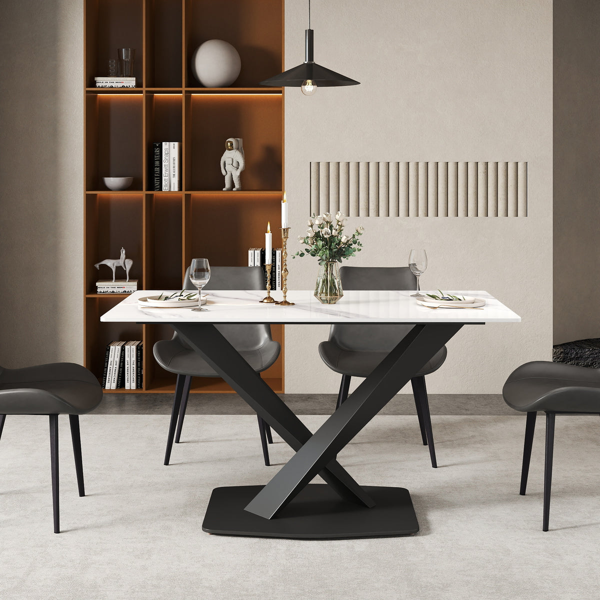 3 Sizes & 3 Colors Rectangular Dining Table – 2-Tone X-Shaped Metal Pedestal Base