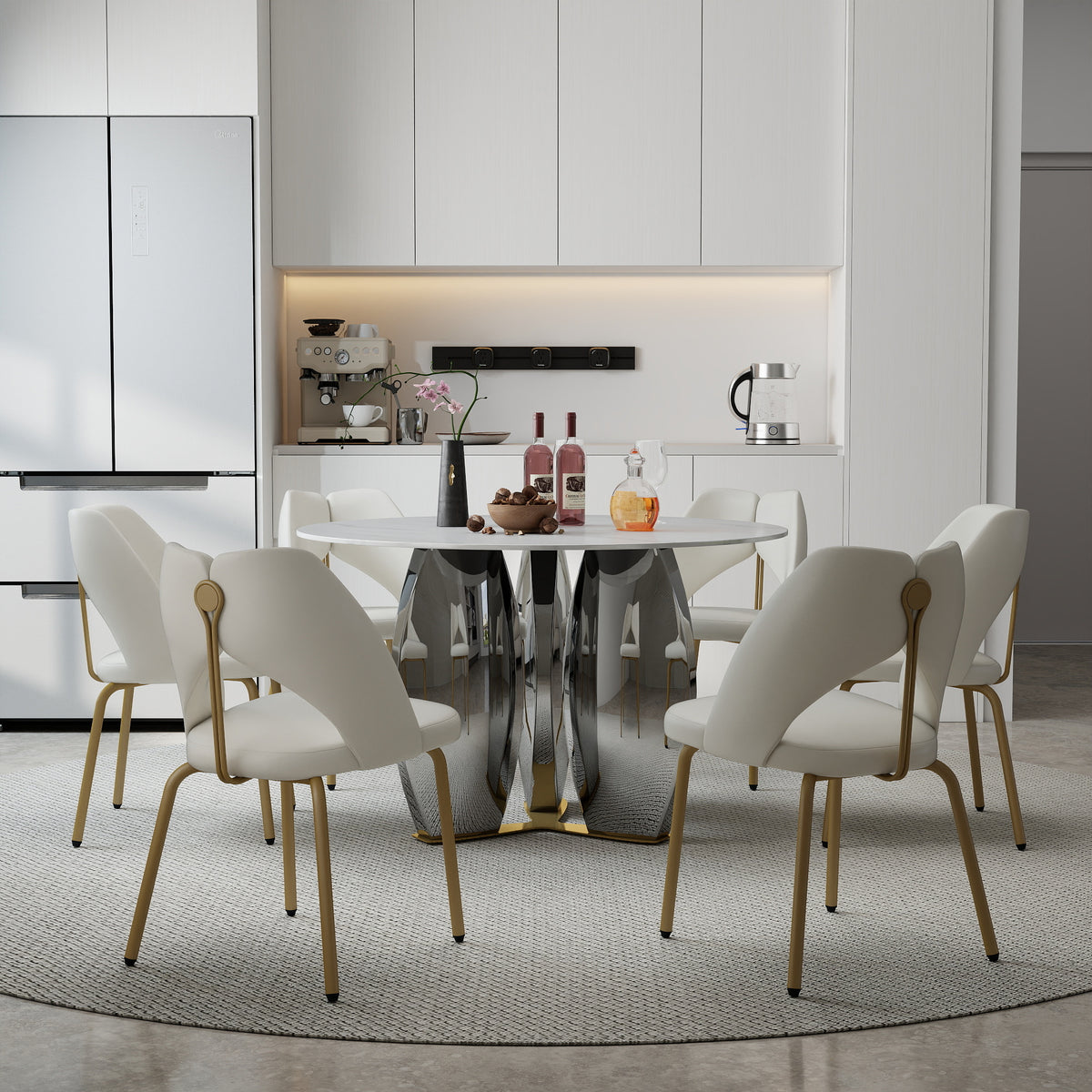Mirrored Base Round Dining Table – 2 Color/Size Marble Tabletop Options, Optional Lazy Susan